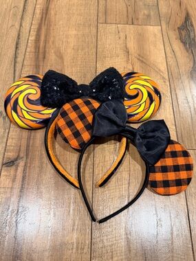 Disney Halloween Plaid & Swirl Minnie Ear Headband Set - Orange and Black